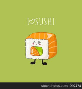 Kawaii sushi, roll - logo or banner on colored background, traditional Japanese or Asian cuisine and food, illustration for social networks for restaurant, bar, cartoon emoji, manga style - vector. kawaii sushi set