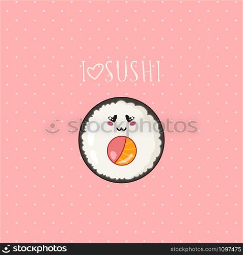 Kawaii sushi, roll - logo or banner on colored background, traditional Japanese or Asian cuisine and food, illustration for social networks for restaurant, bar, cartoon emoji, manga style - vector. kawaii sushi set