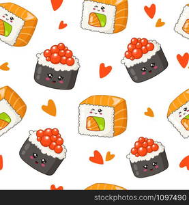 Kawaii sushi, sashimi and rolls - seamless pattern or background, cartoon emoji manga style, traditional Japanese or Asian cuisine and food isolated on white - vector for wrapping, textile. kawaii sushi set