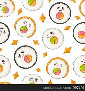 Kawaii sushi, sashimi and rolls - seamless pattern or background, cartoon emoji manga style, traditional Japanese or Asian cuisine and food isolated on white - vector for wrapping, textile. kawaii sushi set