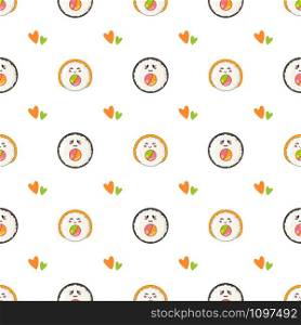 Kawaii sushi, sashimi and rolls - seamless pattern or background, cartoon emoji manga style, traditional Japanese or Asian cuisine and food isolated on white - vector for wrapping, textile. Kawaii sushi, sashimi and rolls - seamless pattern