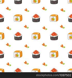 Kawaii sushi, sashimi and rolls - seamless pattern or background, cartoon emoji manga style, traditional Japanese or Asian cuisine and food isolated on white - vector for wrapping, textile. Kawaii sushi, rolls, sashimi - composition or set on white