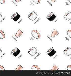 Kawaii sushi with salmon illustration. Vector flat hand drawn seamless pattern