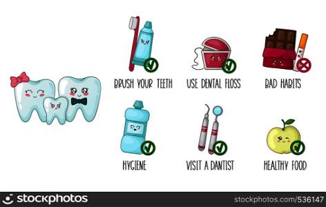 Kawaii teeth and and healthy habits - infographics - food, brushing, hygiene, dentist visiting. cute cartoon characters, concept of dentistry - tooth treatment, dental care. Vector flat. kawaii dental care