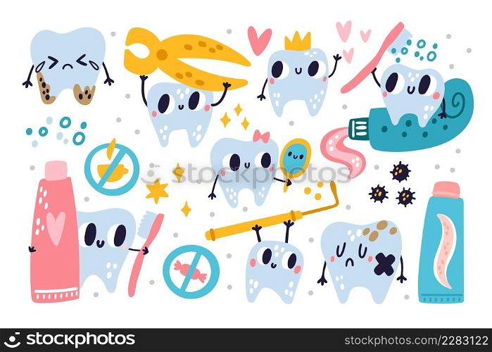 Kawaii teeth and tools. Cartoon dental characters. Cute molars with funny faces or different hygienic accessories. Oral care. Kids education. Toothbrush and toothpaste. Vector childish stomatology set. Kawaii teeth and tools. Cartoon dental characters. Molars with funny faces or different hygienic accessories. Oral care. Kids education. Toothbrush and toothpaste. Vector stomatology set
