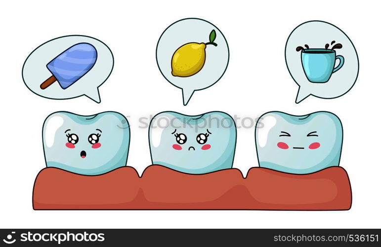 Kawaii teeth with emodji - concept of sensitivity of tooth enamel. The theme of oral hygiene, treatment and dental care, dentistry or stomatology, medicine. Flat vector illustration.. kawaii dental care