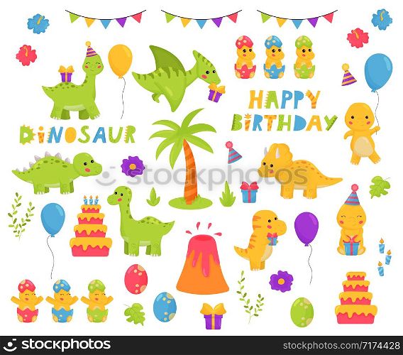 Kawaii vector dinosaurs cartoon character set. Birthday theme. Happy birthday lettering. Childish illustration for nursery.