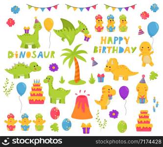 Kawaii vector dinosaurs cartoon character set. Birthday theme. Happy birthday lettering. Childish illustration for nursery.
