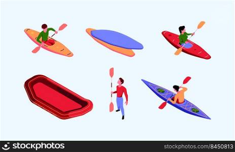 Kayak isometric. Sport rafting adventure travelling outdoor extreme lifestyle canoe boat water vessel garish vector template of kayak. Illustration of travel boat and kayak, canoe with paddle. Kayak isometric. Sport rafting adventure travelling outdoor extreme lifestyle canoe boat water vessel garish vector template of kayak