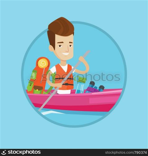 Kayaker riding in kayak on river with skull in hands and some tourist equipment behind him. Caucasian kayaker traveling by kayak. Vector flat design illustration in the circle isolated on background.. Man riding in kayak vector illustration.