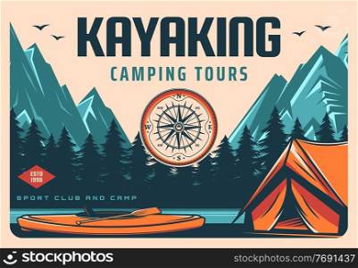 Kayaking and camping tours retro banner. Recreation activity trip, rafting on river in wild. Hiking and outdoor travel club vintage poster with kayak, tourists tent on mountain river or lake shore. Kayaking sport club camping and hiking tour banner