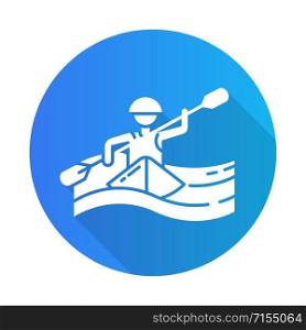 Kayaking blue flat design long shadow glyph icon. Canoeing watersport, extreme underwater kind of sport. Risky and adventurous leisure on boat with puddle.Vector silhouette illustration