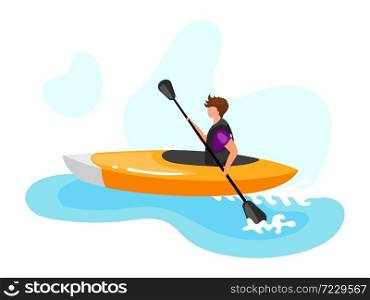 Kayaking flat vector illustration. Extreme sports experience. Active lifestyle. Summer vacation outdoor fun activities. Ocean turquoise waves. Sportsman isolated cartoon character on blue background. Kayaking flat vector illustration