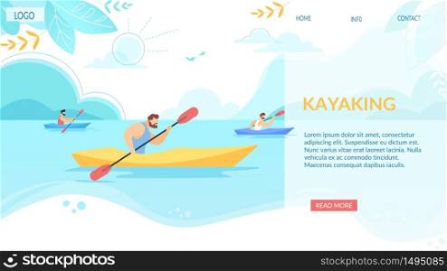 Kayaking Horizontal Banner, Sport Competition. Sportsmen Rowing in Kayaks at Rocky Shore. Summer Vacation Water Fun. Tourists Company Extreme Activity, Nature Leisure, Cartoon Flat Vector Illustration. Kayaking Horizontal Banner, Sport Competition.