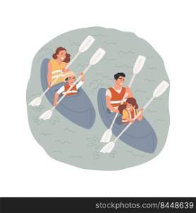 Kayaking isolated cartoon vector illustration. Father and mother sitting in two kaykaks together with kids, family travel, wearing lifejacket, lake kayaking, summer holiday vector cartoon.. Kayaking isolated cartoon vector illustration.
