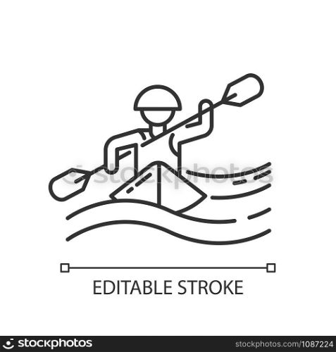 Kayaking linear icon. Thin line illustration. Canoeing watersport, extreme underwater kind of sport. Risky leisure on boat with puddle. Contour symbol. Vector isolated outline drawing. Editable stroke