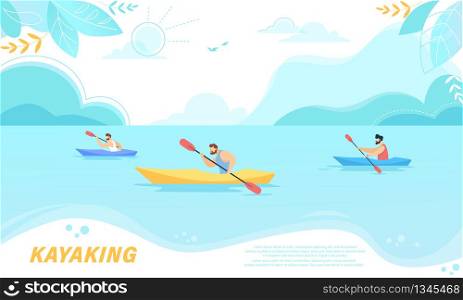 Kayaking Sport Competition. Sportsmen Rowing in Kayaks at Rocky Shore. Wild Nature and Water Fun on Summer Vacation. Tourists Company Extreme Activity, Leisure Cartoon Flat Vector Illustration, Banner. People in Kayak Near Rocky Shore on Sunny Day.