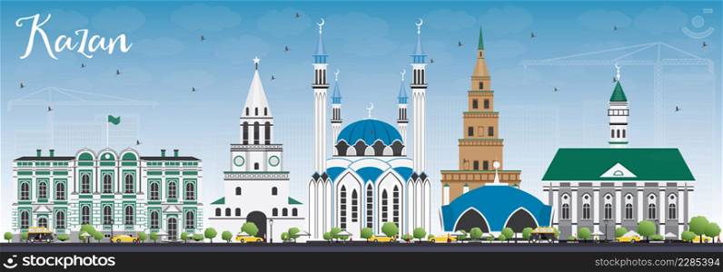 Kazan Skyline with Gray Buildings and Blue Sky. Vector Illustration. Business Travel and Tourism Concept with Historic Architecture. Image for Presentation Banner Placard and Web Site.