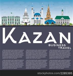 Kazan Skyline with Gray Buildings, Blue Sky and Copy Space. Vector Illustration. Business Travel and Tourism Concept with Historic Architecture. Image for Presentation Banner Placard and Web Site.