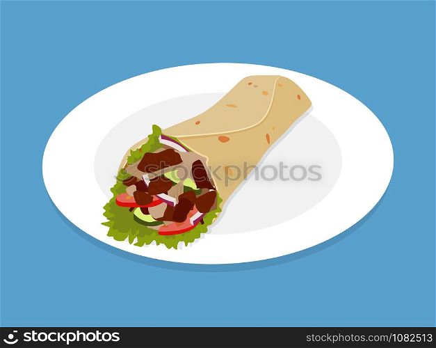 Kebab Doner or Shawarma fast food on plate - Vector illustration