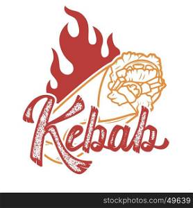 kebab. Handwritten lettering logo, label, badge. Emblem for fast food restaurant, cafe. Isolated on white background. Vector illustration.