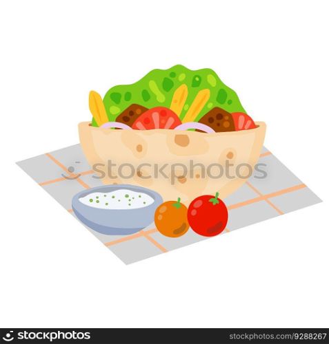 Kebab in pit. Mediterranean Bread with meat and vegetables. Greek or Turkish street food. Flat cartoon illustration isolated on white. Morning breakfast. Kebab in pit. Mediterranean Bread with meat