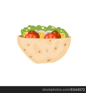 Kebab in pit. Mediterranean Bread with meat and vegetables. Turkish street food. Flat cartoon illustration isolated on white