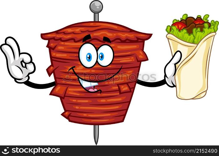 Kebab On Skewer Grilling Meat Cartoon Character Showing Perfect Sandwich. Vector Hand Drawn Illustration Isolated On Transparent Background