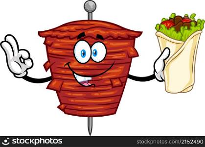 Kebab On Skewer Grilling Meat Cartoon Character Showing Perfect Sandwich. Vector Hand Drawn Illustration Isolated On Transparent Background