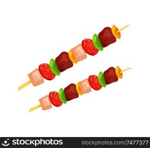 Kebab on skewer vector badge in cartoon style. Roast pieces of meat with sliced tomato and onion strung on wooden brochette, isolated course emblem. Kebab on Skewer Vector Badge in Cartoon Style