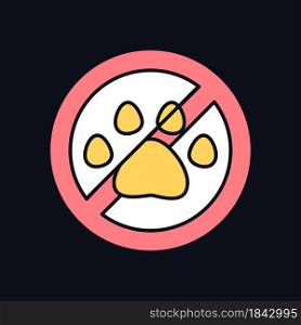 Keep away from animals RGB color manual label icon for dark theme. Isolated vector illustration on night mode background. Simple filled line drawing on black for product use instructions. Keep away from animals RGB color manual label icon for dark theme