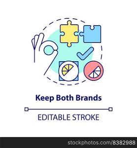 Keep both brands concept icon. Brand identity retention. Brand consolidation strategy abstract idea thin line illustration. Isolated outline drawing. Editable stroke. Arial, Myriad Pro-Bold fonts used. Keep both brands concept icon