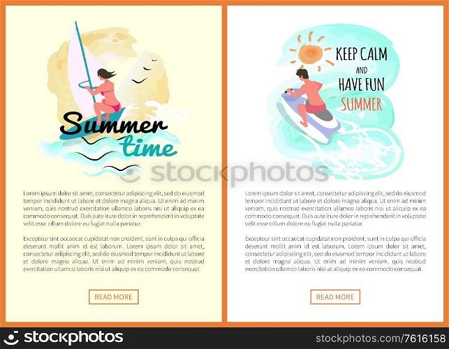 Keep calm and have fun summer vector, people windsurfing and riding jet ski machine, website with text. Man and woman relaxing active male and female. Keep Calm and Have Fun Summer Sea Adventures Set