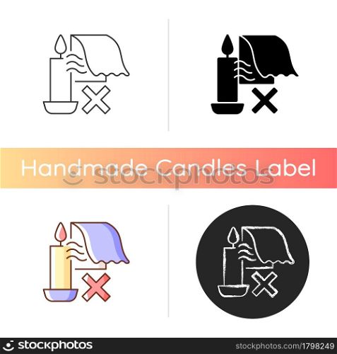 Keep candles away from air currents manual label icon. Avoiding drafts, vents. Reducing candle fires risk. Linear black and RGB color styles. Isolated vector illustrations for product use instructions. Keep candles away from air currents manual label icon