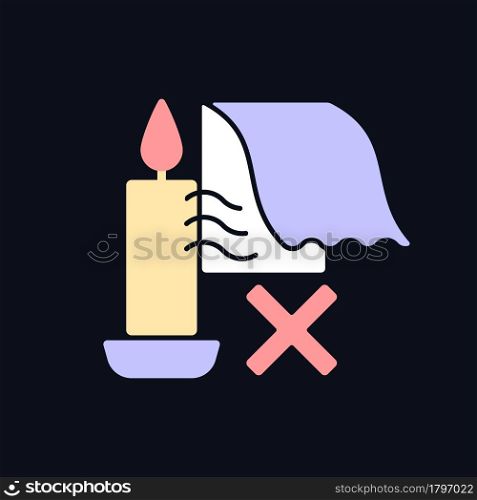 Keep candles away from air currents RGB color manual label icon for dark theme. Isolated vector illustration on night mode background. Simple filled line drawing on black for product use instructions. Keep candles away from air currents RGB color manual label icon for dark theme