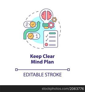 Keep clear mind plan concept icon. Mental health and balance abstract idea thin line illustration. Isolated outline drawing. Editable stroke. Roboto-Medium, Myriad Pro-Bold fonts used. Keep clear mind plan concept icon