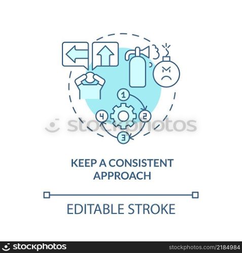 Keep consistent approach turquoise concept icon. Escape room abstract idea thin line illustration. Maintain concentration. Isolated outline drawing. Editable stroke. Arial, Myriad Pro-Bold fonts used. Keep consistent approach turquoise concept icon