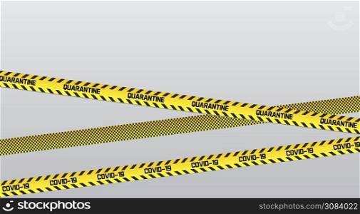 Keep distance on floor stripes vector on grey background. Restrictive tape stickers in yellow with stripes to separate people at a safe distance. Covid-19 and quarantine is text on seamless tapes.. Keep distance on floor stripes vector on grey background. Restrictive tape stickers in yellow with stripes to separate people at a safe distance. Covid-19 and quarantine is text