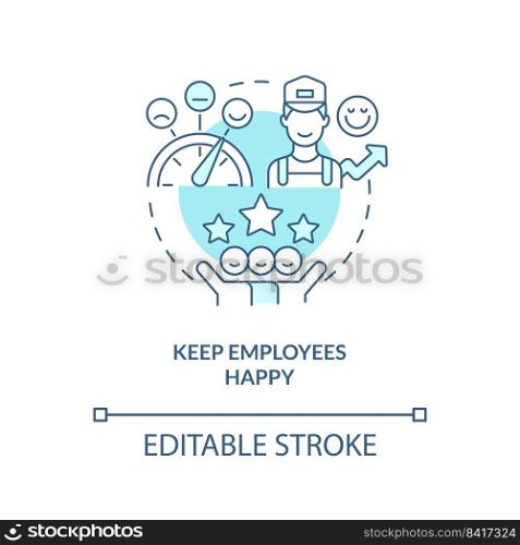 Keep employees happy turquoise concept icon. Improving hotel customer service abstract idea thin line illustration. Isolated outline drawing. Editable stroke. Arial, Myriad Pro-Bold fonts used. Keep employees happy turquoise concept icon
