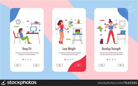 Keep fit while working from home 3 smartphone screens set with yoga fitness strength exercises vector illustration