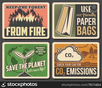 Keep forest from fire and use eco-friendy paper bags. Environment, nature conservation and recycling. Save the planet, protect Earth and stop CO2 emission from cars and air pollution, vector. Keep forest from fire, save planet environment