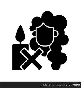 Keep hair away from open flame black glyph manual label icon. Candle making safety. Taking precautions. Silhouette symbol on white space. Vector isolated illustration for product use instructions. Keep hair away from open flame black glyph manual label icon