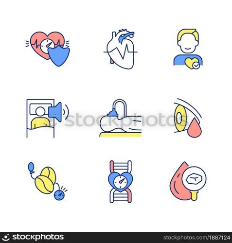 Keep heart healthy RGB color icons set. Regular cardiovascular screening. Control blood pressure. Lab testing. Sleep deprivation. Isolated vector illustrations. Simple filled line drawings collection. Keep heart healthy RGB color icons set
