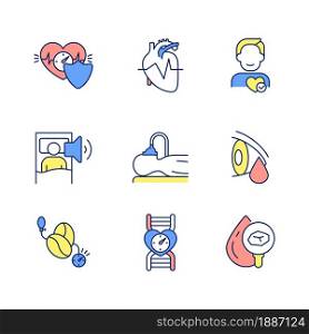 Keep heart healthy RGB color icons set. Regular cardiovascular screening. Control blood pressure. Lab testing. Sleep deprivation. Isolated vector illustrations. Simple filled line drawings collection. Keep heart healthy RGB color icons set