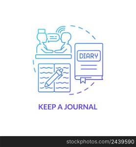 Keep journal blue gradient concept icon. Trauma overcoming way. Write your thoughts. Coping with PTSD abstract idea thin line illustration. Isolated outline drawing. Myriad Pro-Bold font used. Keep journal blue gradient concept icon