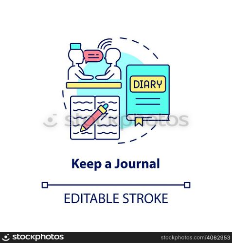Keep journal concept icon. Trauma overcoming way. Coping with PTSD abstract idea thin line illustration. Isolated outline drawing. Editable stroke. Arial, Myriad Pro-Bold fonts used. Keep journal concept icon
