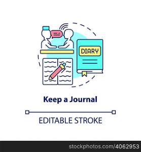 Keep journal concept icon. Trauma overcoming way. Coping with PTSD abstract idea thin line illustration. Isolated outline drawing. Editable stroke. Arial, Myriad Pro-Bold fonts used. Keep journal concept icon