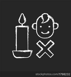 Keep kids away from candles chalk white manual label icon on dark background. Constant supervision under children. Isolated vector chalkboard illustration for product use instructions on black. Keep kids away from candles chalk white manual label icon on dark background