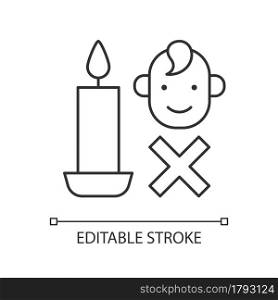 Keep kids away from candles linear manual label icon. Supervision. Thin line customizable illustration. Contour symbol. Vector isolated outline drawing for product use instructions. Editable stroke. Keep kids away from candles linear manual label icon