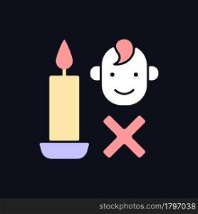 Keep kids away from candles RGB color manual label icon for dark theme. Isolated vector illustration on night mode background. Simple filled line drawing on black for product use instructions. Keep kids away from candles RGB color manual label icon for dark theme
